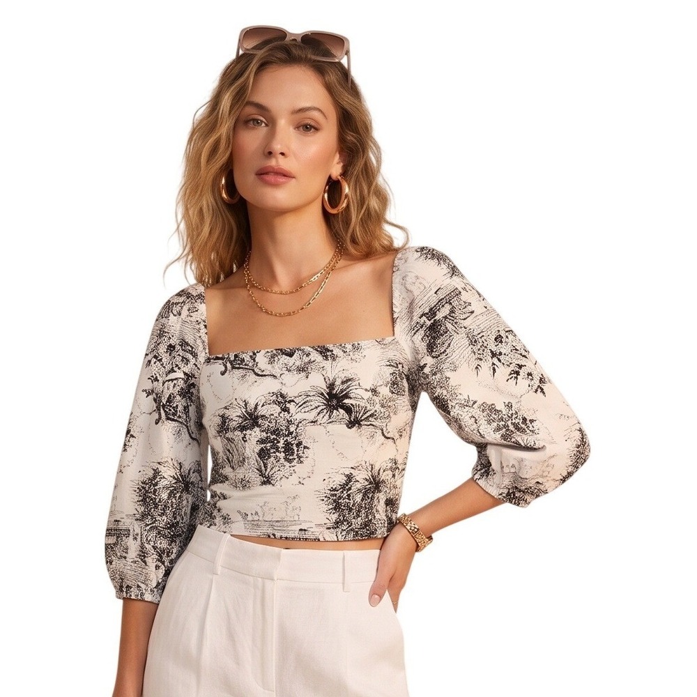 ROBERTSON‎ + RODEO Olivaceous Crop Top Linen Blend Toile Puff Sleeve Lace Small